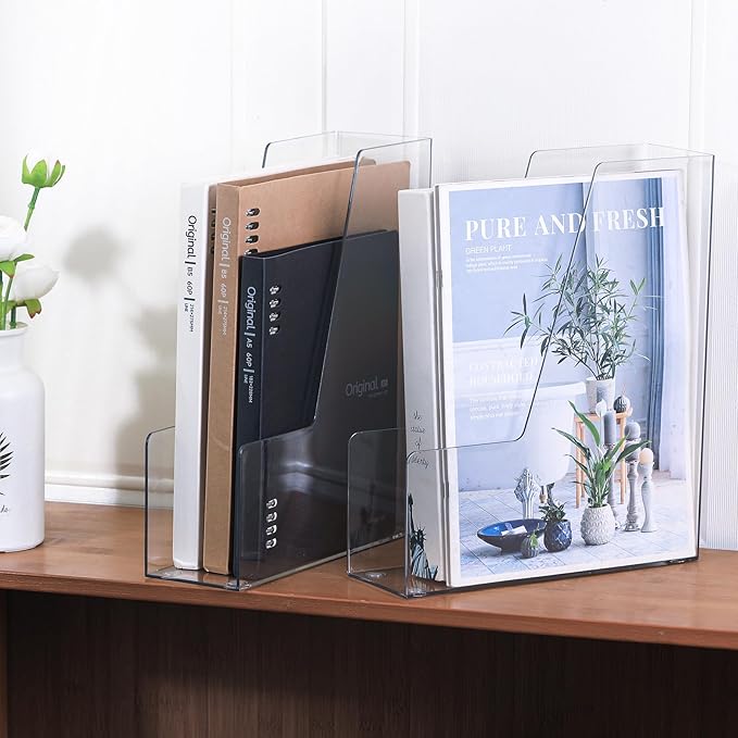 Vertical Magazine File Holder, Clear File Organizer Desk Organizer and Storage Bins Holding for Magazines, Binders, Notebooks, Envelopes, Plastic Office Organization and Storage for Desk, 4 pack