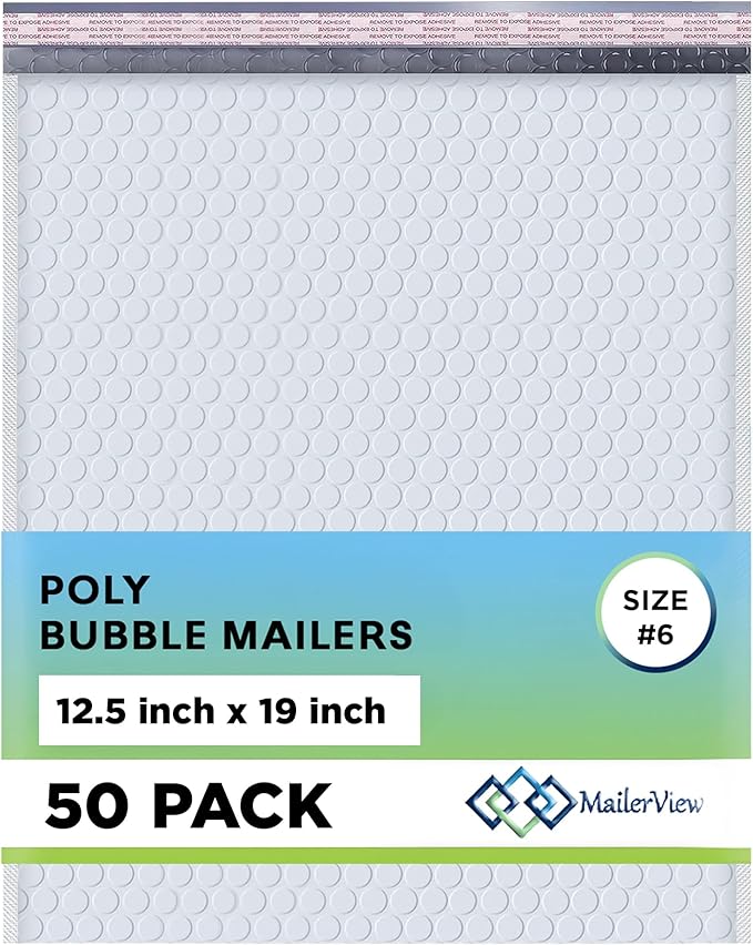 White 12.5x19.5 Inch Large Poly Bubble Mailers #6 | Padded Envelopes with Self Seal | Air Lined Cushioned Bubble Mailer | Usable Size 12.5x15 | 50 Pack Bulk | Lightweight shipping Bags | Made in USA