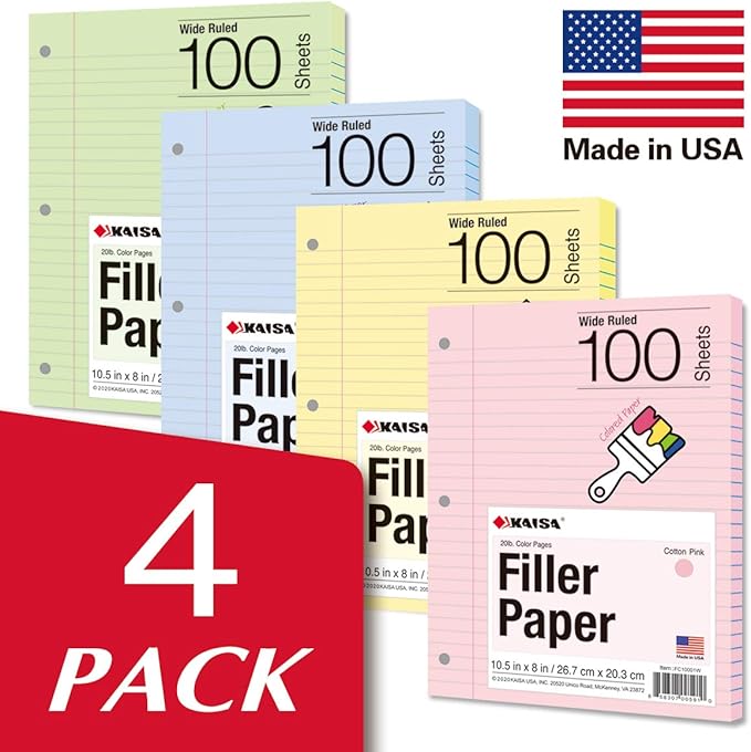 Kaisa Filler Paper Colored loose Leaf Paper, Wide Ruled 8x10.5in Colored Paper, 3-Hole Punched for 3-Ring Binders,100Sheets/pack 4Packs, FC10001W