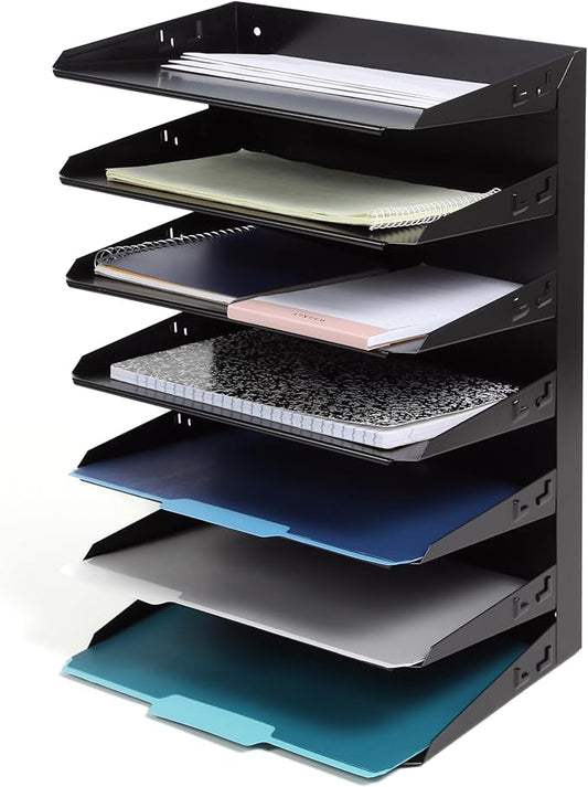 Huron Desktop Horizontal 7-Slot File Binder Organizer Storage Letter Tray, Black Commercial Grade Steel