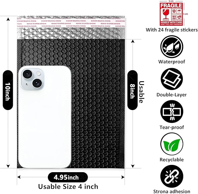 Bubble Mailers 4x10" 25 Pack and 24Pcs Fragile Stickers Bright Black Thick Waterproof Padded Poly Envelopes Bubble Wrap Mailers Self Seal Shipping Bags for Small Business Shipping Envelope Mailers#000