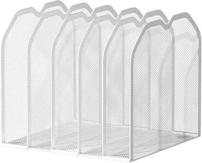 White 5-Section File Folder Organizer for Desk – 8.5"×9.3" Metal Vertical File Holder, Desktop File Organizer Vertical Stand, Letter/A4 Upright File Sorter