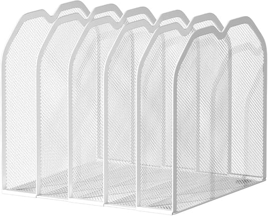 White 5-Section File Folder Organizer for Desk – 8.5"×9.3" Metal Vertical File Holder, Desktop File Organizer Vertical Stand, Letter/A4 Upright File Sorter
