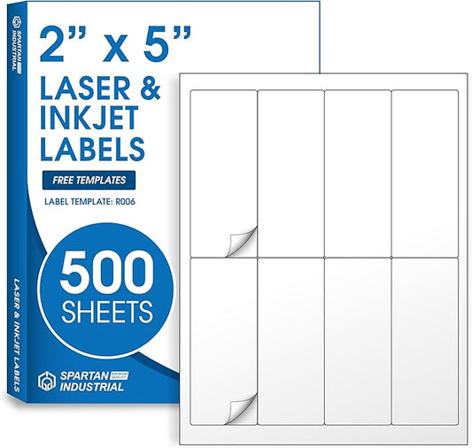 2" X 5" Matte White Printable Labels for Inkjet and Laser Printers - 500 Sheets, 4000 Total Custom Stickers for Name Tags, Address Labels, Shipping and Mailing - Spartan Industrial Template R006