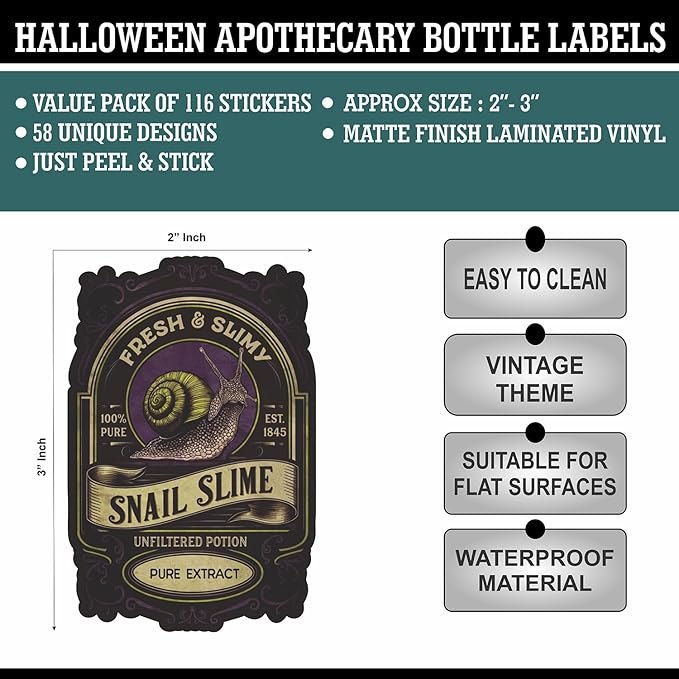 PARTH IMPEX Apothecary Bottle Labels - 116 Pcs Vintage Halloween Potion Bottles Decor Creepy Poison Stickers for Jars Party Supplies Witchy Gothic Voodoo Decorations Waterproof Vinyl Sticker