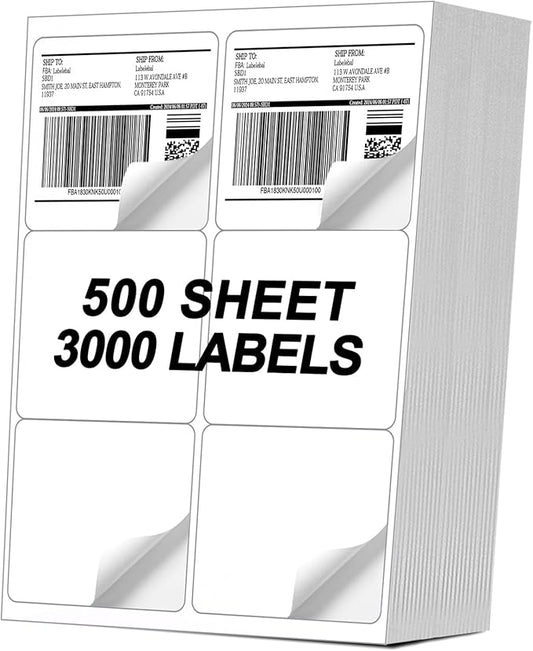 [500 Sheets 3000 Pcs] 6-UP 4''x3-1/3'' Shipping Labels for Laser & Inkjet Printers, A4 6 UP Shipping Mailing Stickers, 6 Pcs Per Page Shipping Labels,8.5"×11" White Stickers for Printer