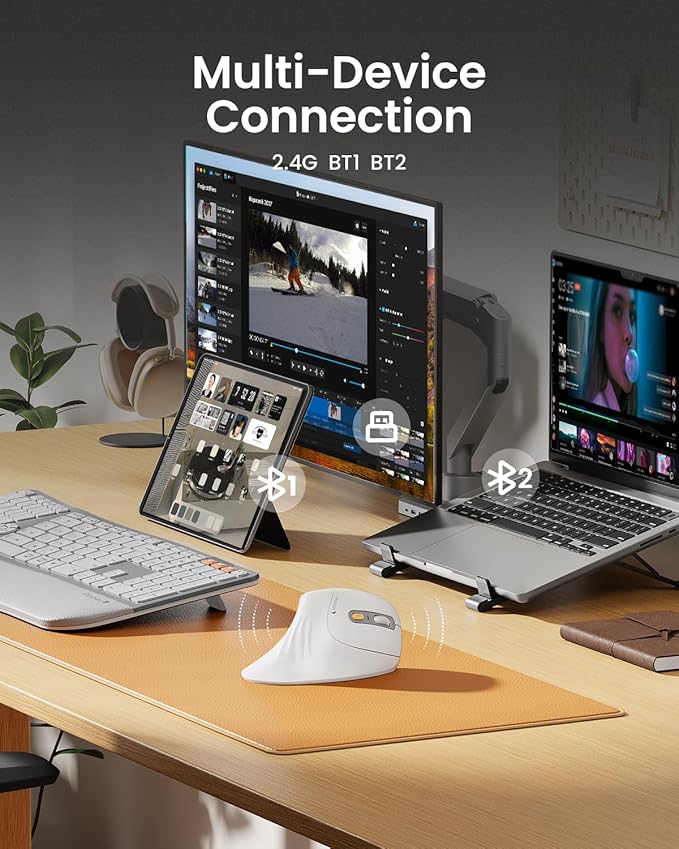 ProtoArc Ergonomic Mouse, EM11 NL Wireless Vertical Mouse, Ergo Mouse with Multi-Device, USB-C Rechargeable Mice for Windows, Mac OS, PC/Notebook/Laptop,White