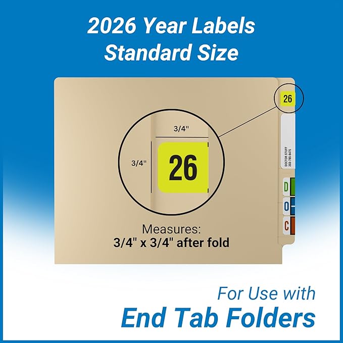 2026 Year Stickers, Doctor Stuff 2026 Chart Stickers, Yellow Green/Black Color Coded, Traco Style, USA Made Year Labels for End Tab File Folders, 500/Roll, 1 Roll, 3/4" x 1-1/2"