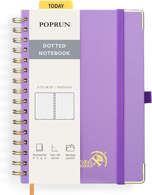 POPRUN Spiral Dotted Journal Notebook, [A5-5.75'' x 8.25''] - 120 GSM Thick Paper, 141 Numbered Pages, Hardcover for Men & Women with Pocket, Index Tabs, 8 Perforated Sheets, Violet