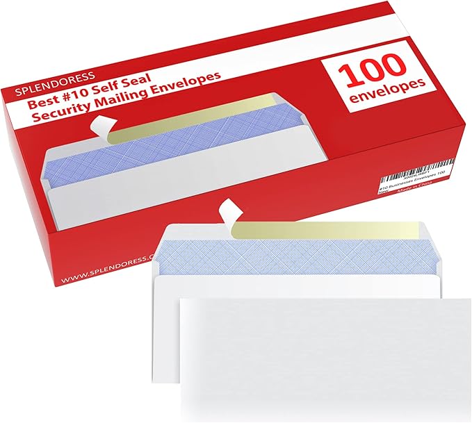 #10 Envelopes Letter Size Self Seal | 100 Business Mailing Security Peel and Sealing Envelope | 100% Tinted | no 10 White Windowless Legal Regular Plain Envelops Pack | 4-1/8 x 9-1/2 Inches | 24 LB