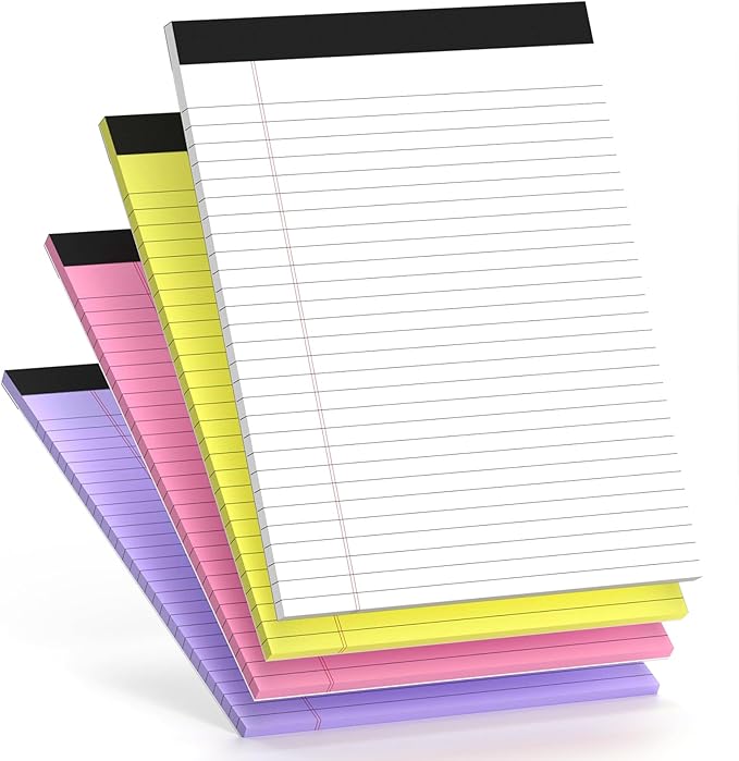 4 Pcs Legal Pads 8.5 x 11 Note Pads Colored Paper Wide Ruled Lined Paper with Micro-Perforated Writing Notebook 30 Sheets per Pad (120 Total Pages) Notepad for To-do List School & Office Supplies