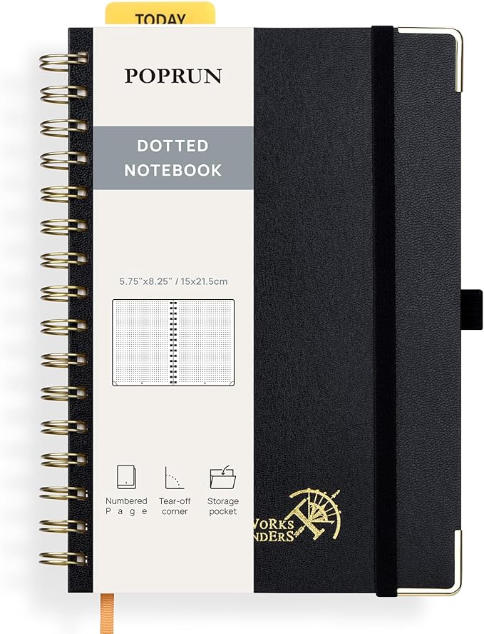 POPRUN Spiral Dotted Journal Notebook, [A5-5.75'' x 8.25''] - 120 GSM Thick Paper, 141 Numbered Pages, Hardcover for Men & Women with Pocket, Index Tabs, 8 Perforated Sheets, Black