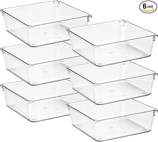 Ravinte 6 Pack Drawer Organizer - 6" X 6" Plastic Storage Bins, Acrylic Organizers with Non-Slip Pads Clear Desk Storage Tray for Makeup, Jewelries, Kitchen Utensils, Bathroom and Office