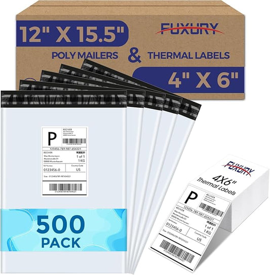 Fuxury 500 Pcs 12x15.5" Poly Mailers Sets with 4x6" Thermal Labels, Waterproof Mailing Envelopes & Stickers for Clothing, Strong Adhesive Poly Shipping Postage Bags for Business (White A Box)
