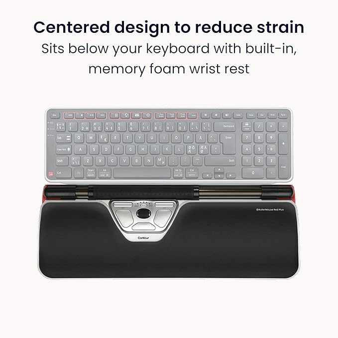 Contour RollerMouse Red Ergonomic Mouse for Shoulder Forearm Wrist Strain Relief for RSI Carpal Tunnel Centered Rollerbar 6 Customizable Buttons 10 Speed Settings Mac/PC Compatible - Wireless - Plus