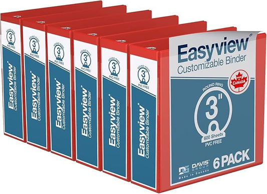 Easyview Premium 3-Ring Binders with Clear-View Covers and Round Rings, Binders for School or Office, 3 Inch, Pack of 6, Red