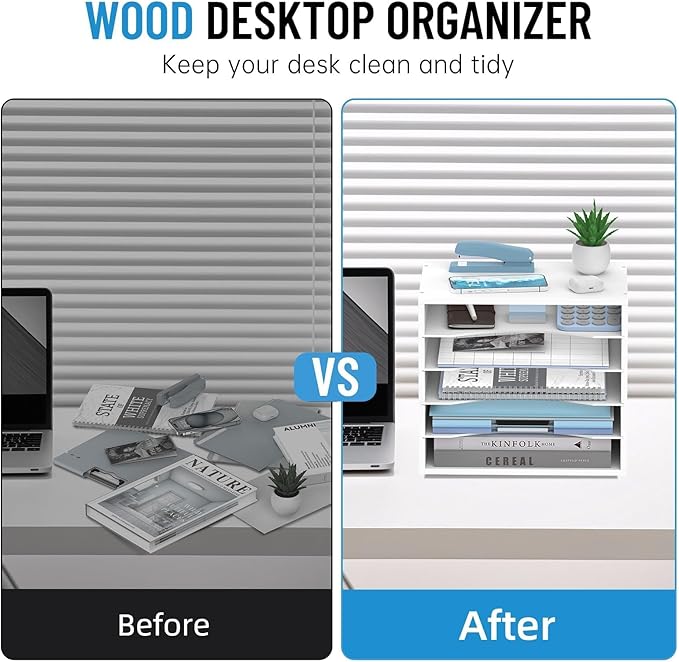 5-Tier Wood Desk Organizer, Paper Tray Organizer for Desk with Adjustable Storage Shelves, Desktop File Organization Paper Sorter Mail Holder for Office Home Classroom, White