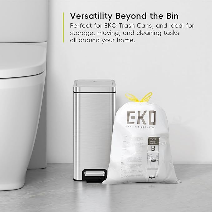 EKO 2.6 Gallon / 7-10 Liter, 80 Count Small Drawstring Trash Bags, Extra-Strong Unscented Garbage Bags, Easy-Dispense Roll for Kitchen & Household Use, Resists Tears, Leaks and Punctures, Code B White