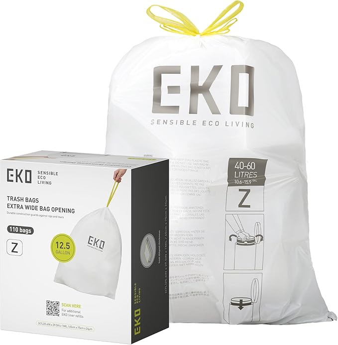 EKO 12.5 Gallon / 40-60 Liter, 110 Count Drawstring Trash Bags, Extra-Strong Garbage Bags, Unscented, Leak-Resistant, Easy-Dispense Roll for Kitchen & Household Use, Code Z, White