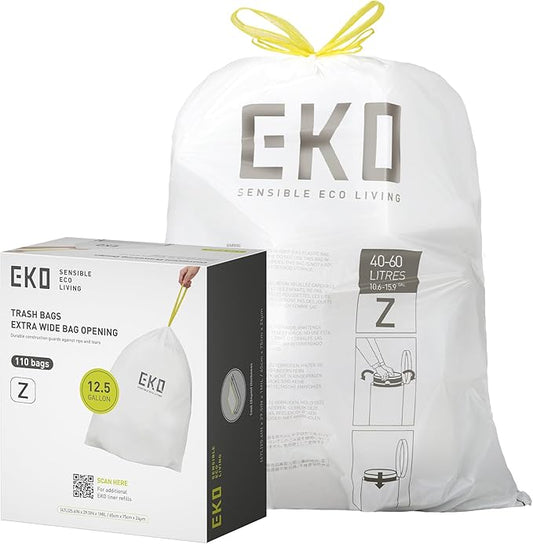 EKO 12.5 Gallon / 40-60 Liter, 110 Count Drawstring Trash Bags, Extra-Strong Garbage Bags, Unscented, Leak-Resistant, Easy-Dispense Roll for Kitchen & Household Use, Code Z, White