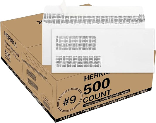 #9 Double Window Security Envelopes, HERKKA No.9 Double Window Business Envelopes Designed for Invoices and Business Statements - Number 9 Size 3 7/8 Inch X 8 7/8 Inch - 24 LB - 500 Pack