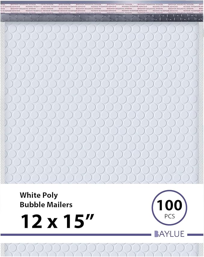 White Large Poly Bubble Mailers 12x15 inch | Self Seal Padded Envelopes Cushioned Bubble Mailer | Usable Size 12x15 | WaterProof | Lightweight mailing Shipping Bags | 100 Pack Bulk | USA Made