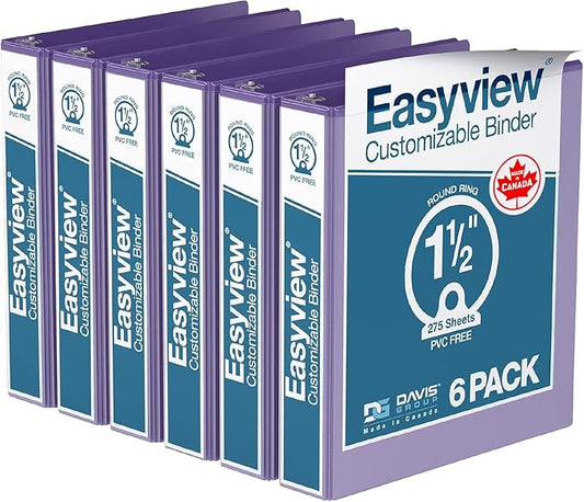 Easyview Premium 3-Ring Binders with Clear-View Covers and Round Rings, Binders for School or Office, 1.5 Inch, Pack of 6, Purple