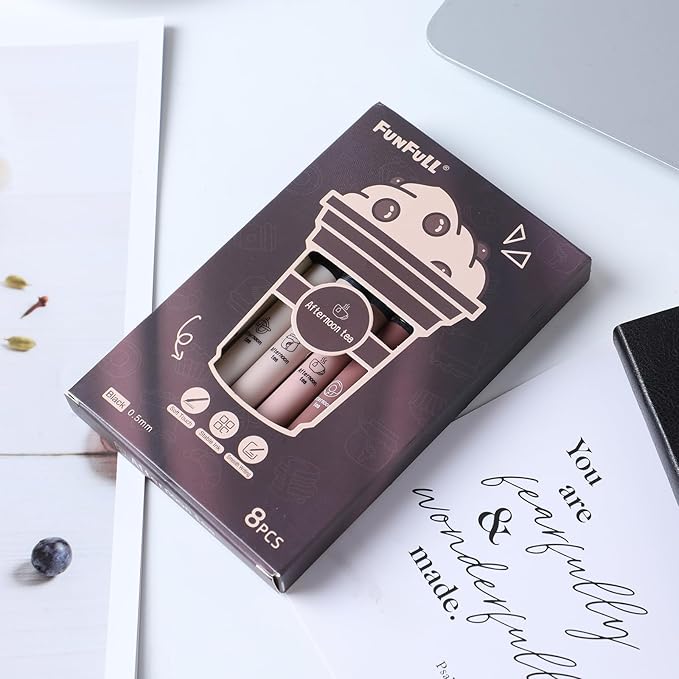 Aesthetic Cute Stick Rollerball Pens, 8pcs Quick Dry Colored Liquid Ink Pens, 0.5mm Fine Point Coffee Gel Pens with Soft Touch Smooth Writing for Journaling Planner School Supplies