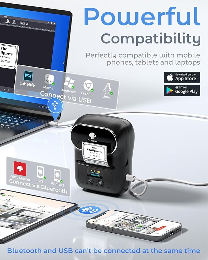 Phomemo Label Maker - M110 Address Label Printer Bluetooth Thermal Printer for Business, Office, School, Home-use, Barcode, Logo, Clothing Labels, with 3 Label Roll, Black