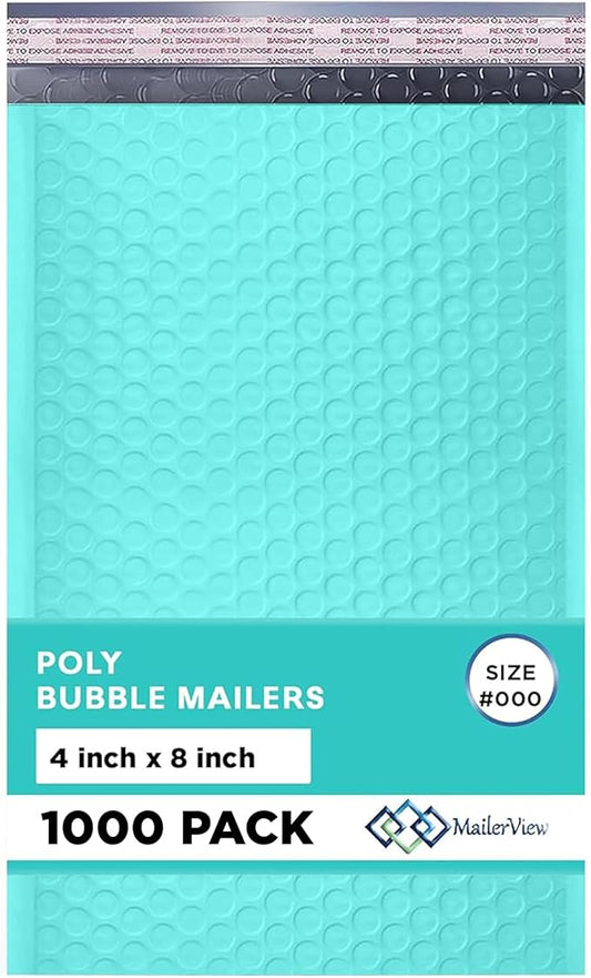 Teal Small Bubble Mailers 4x8 Inch #000 | Thick Padded Poly Bubble Mailer Envelopes | 500 Pack Bulk | Trading Card Sports Card Shipping