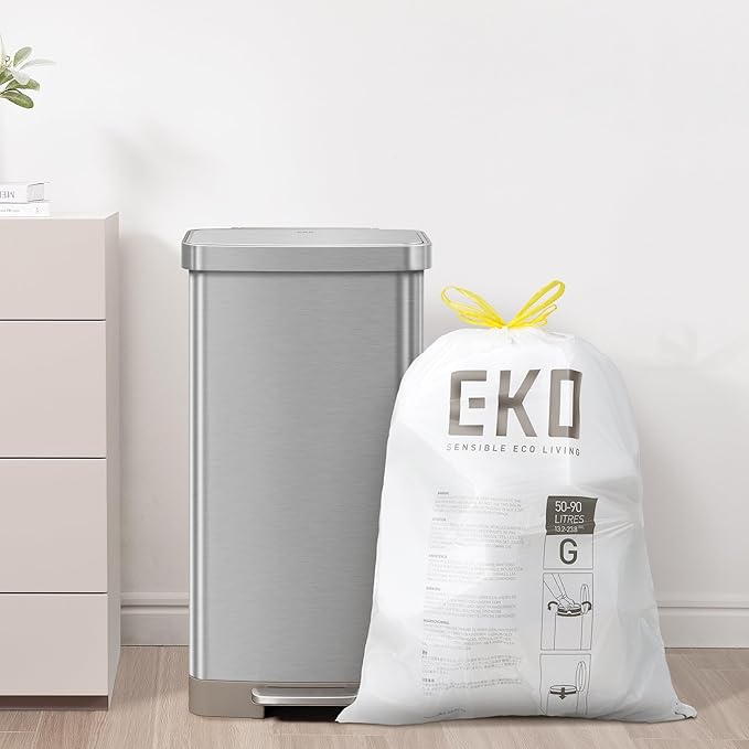 EKO 21 Gallon / 50-90 Liter, 60 Count Drawstring Trash Bags, Extra-Strong Garbage Bags, Lavender Scent with Continuous Odor Control, Easy-Dispense Roll for Kitchen and Household Use, Code G, White