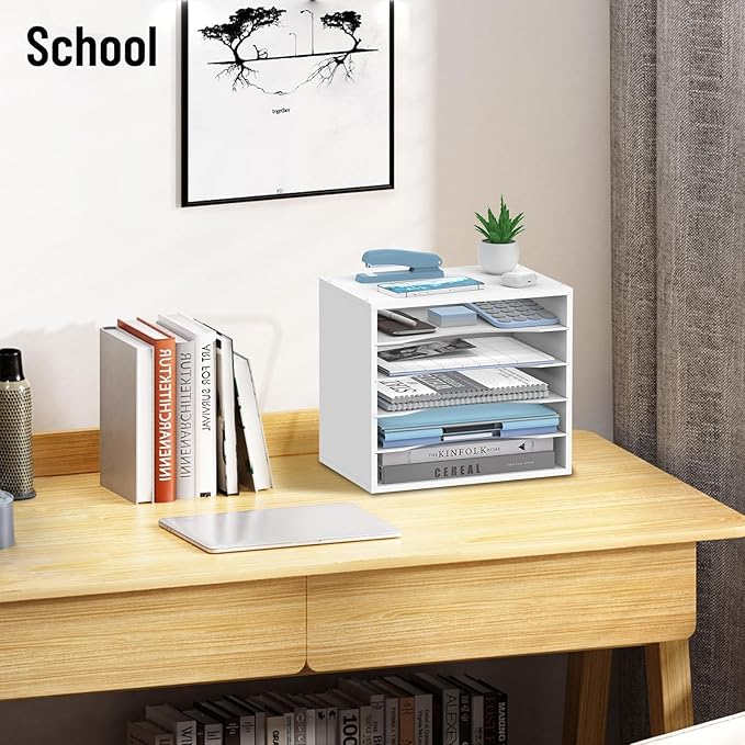 5-Tier Wood Desk Organizer, Paper Tray Organizer for Desk with Adjustable Storage Shelves, Desktop File Organization Paper Sorter Mail Holder for Office Home Classroom, White
