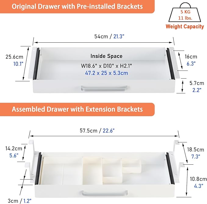 Under Desk Drawer White 21" with 4 Divider Trays, Under Shelf Pencil Drawer Pull-out, Standing Desk Metal Storage Attachment Slide Out for Workbench
