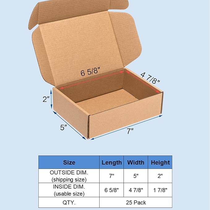 Shipping Boxes 7x5x2" 25 Pack - Brown Corrugated Cardboard Box Mailing for Small Business, Kraft Medium Literature Mailer Packaging Supplies
