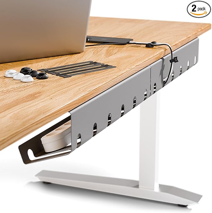 PAMO Cable Management Under Desk for Easy mounting Under-Table I Set of 2 - with 10X Cable Ties I Desk Organizer for Office/Home Office Table Thoughtful Cable Tray Holder