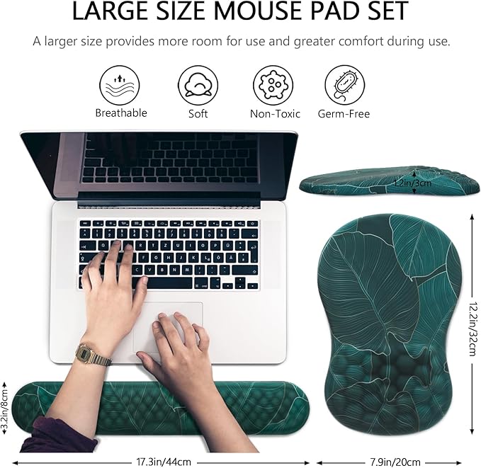 Mouse Pad Wrist Support, Laokiiy 2 in1 Keyboard Wrist Rest+ Ergonomic Mouse Pad, Non-Slip Wrist Rest for Computer Keyboard, Made Easy Typing & Relieve Wrist Pain（Banana Leaf Green）