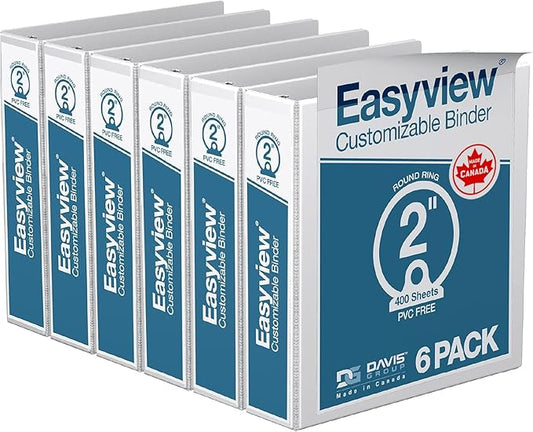 Easyview Premium 3-Ring Binders with Clear-View Covers and Round Rings, Binders for School or Office, 2 Inch, Pack of 6, White