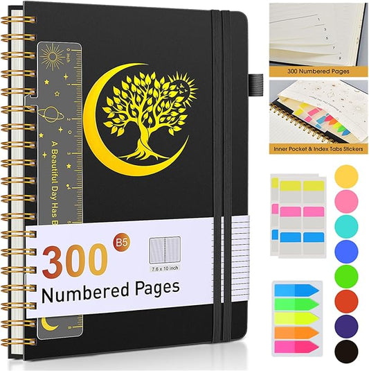 B5 Spiral Journal Notebook 7" x 10" – 300 Numbered Pages, 100 GSM Lined Paper, Plastic Cover, Inner Pocket, Spiral Notebooks for Work, School, College Ruled for Men & Women (Black)
