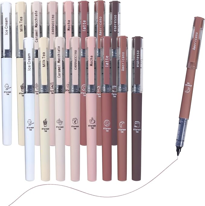 16pcs Quick Dry Coffee Ink Rollerball Pens, 0.5mm Fine Point Colored Ink Gel Rubber Finish Smooth Writing Pens, Gifts for Women, Students, Teachers, Employees