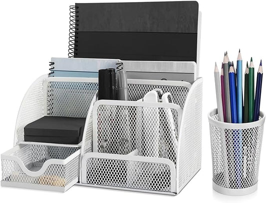 Flexzion Desk Caddy Organizer Set (White) - Metal Mesh Desktop Caddy with Drawers, 6 Compartments, and Pencil Holder for Women & Men - Desktop Organizer and Storage for Work or Office Supplies