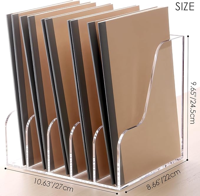 SANRUI Acrylic File Organizer, Compact Desk Organizer for Folders, Binders, Notebooks, Envelopes, Clear Magazine File Holder, 5 Section Bookshelf for School Home Office Organization, A4
