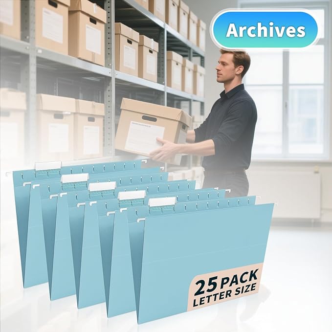 25-Pack Hanging File Folders, Letter Size, Includes 35 Transparent Label Cards & 50 Sticker Labels,1/5-Cut Tabs for Home & Office Organization(Light Blue)