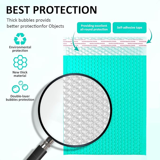Bubble Mailers 4x10" 100 Pack and 24PCS Fragile Stickers Bright Teal Thick Waterproof Padded Poly Envelopes Small Bubble Wrap Mailers Self Seal Shipping Bag for Mailing Jewelry Makeup Small Business#0
