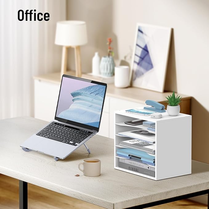 5-Tier Wood Desk Organizer, Paper Tray Organizer for Desk with Adjustable Storage Shelves, Desktop File Organization Paper Sorter Mail Holder for Office Home Classroom, White