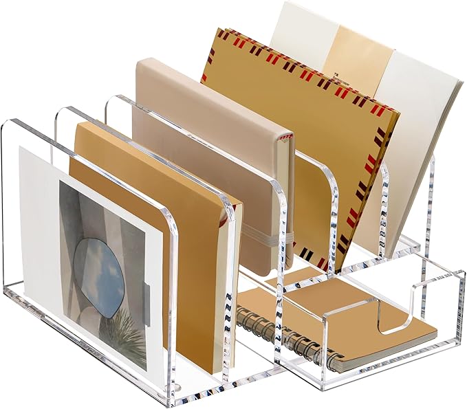 SANRUI Desk Organizers and Accessories, Acrylic Mail Organizer Countertop, 5-Slots File Sorter with Drawer, Desktop Organizer for Office Supplies