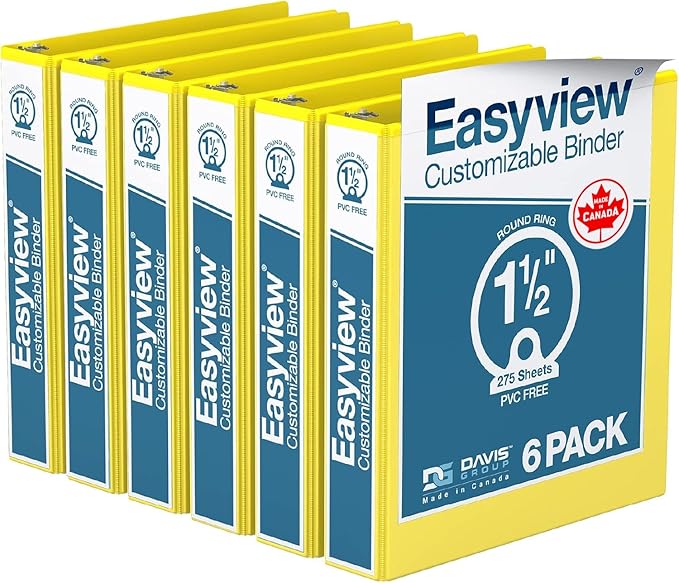 Easyview Premium 3-Ring Binders with Clear-View Covers and Round Rings, Binders for School or Office, 1.5 Inch, Pack of 6, Yellow