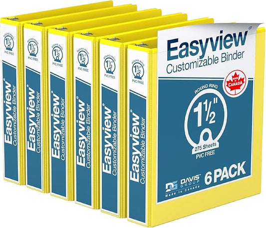 Easyview Premium 3-Ring Binders with Clear-View Covers and Round Rings, Binders for School or Office, 1.5 Inch, Pack of 6, Yellow