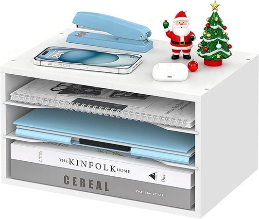 Wood Desk Organizer, 3 Tier Paper Tray Organizer for Desk with Adjustable Storage Shelves, Desktop File Organization Paper Sorter Mail Holder for Office Home Classroom, White