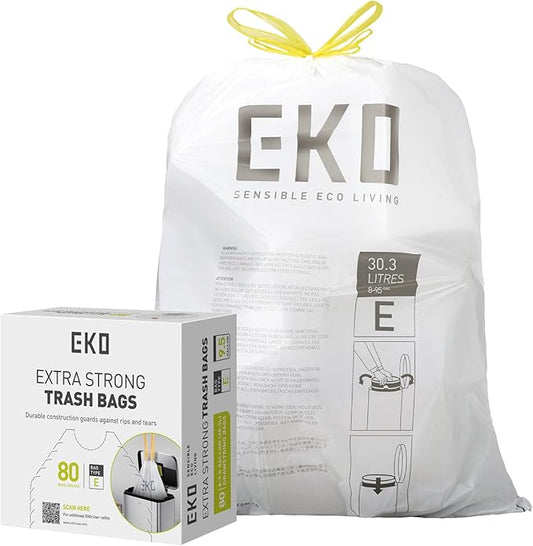 EKO Easy-Dispense Roll 80 Count Extra-Strong Drawstring Tall Kitchen Trash Bag, 8-9.5 Gallon Trash Bag (30.3L-36L) 1 Pack White, Code E