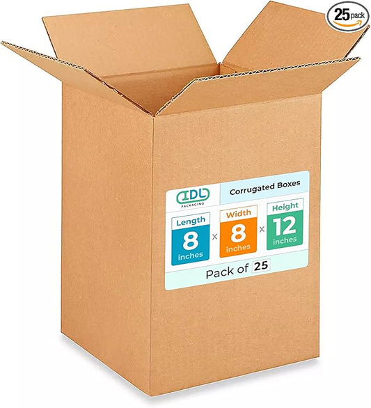 Small Moving & Shipping Boxes 8"L x 8"W x 12"H (25-Pack) - Extra Strength 200 lb vs Regular - Corrugated Durable Packing Boxes - Small Box for Moving - Corrugated Cardboard Box by IDL Packaging